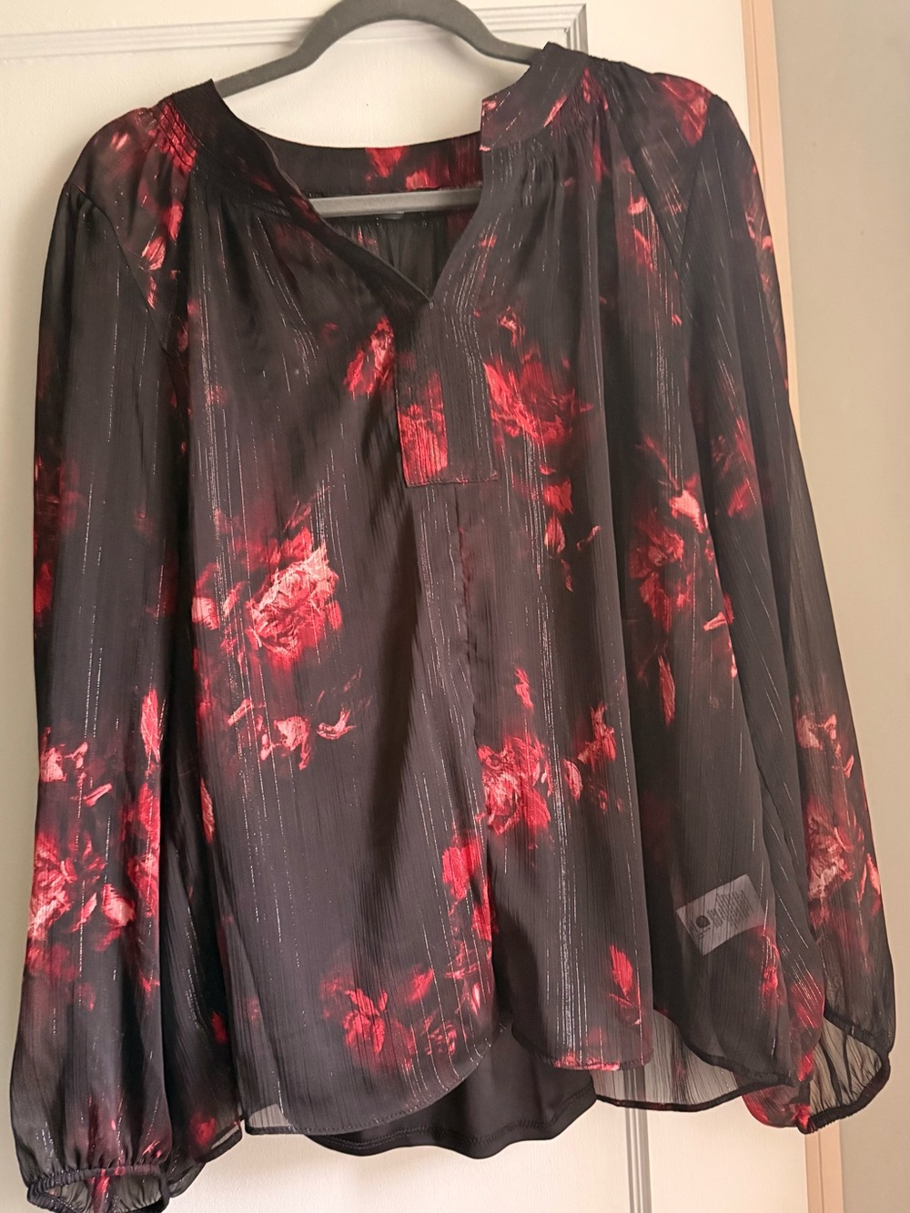 Vera Wang Black Sheer Blouse with Red Floral Print, Black Tank built in